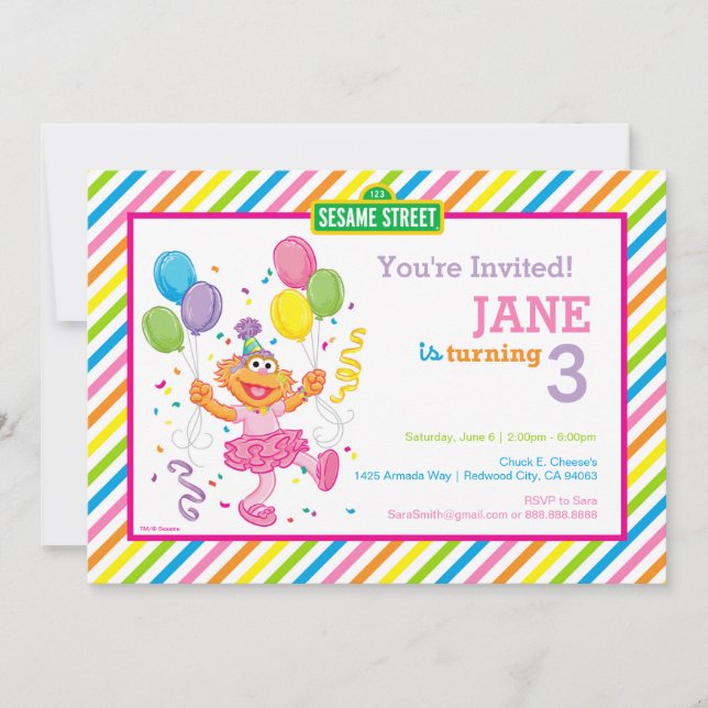 Invitation Sesame Street Zoe rayé Anniversaire (Devant)