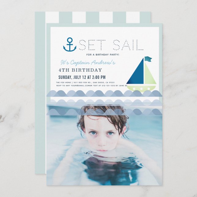 Invitation Set Sail Sailboat Blue Boy Photo Anniversaire (Devant / Derrière)
