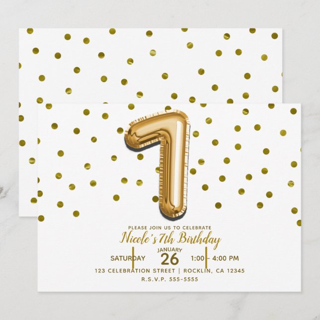 Invitation SEVEN 7 Ballon en Or Confetti Fête d'anniversaire  (Devant / Derrière)