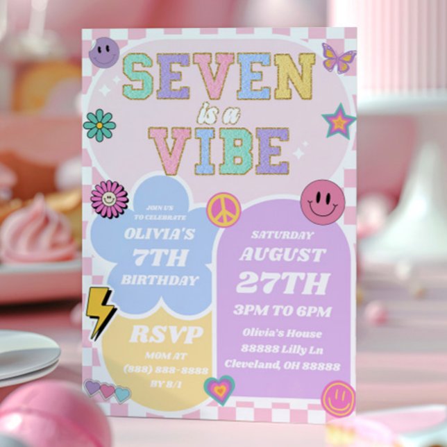 Invitation Seven Is A Vibe Preppy Patch 7th Birthday Party (Créateur téléchargé)
