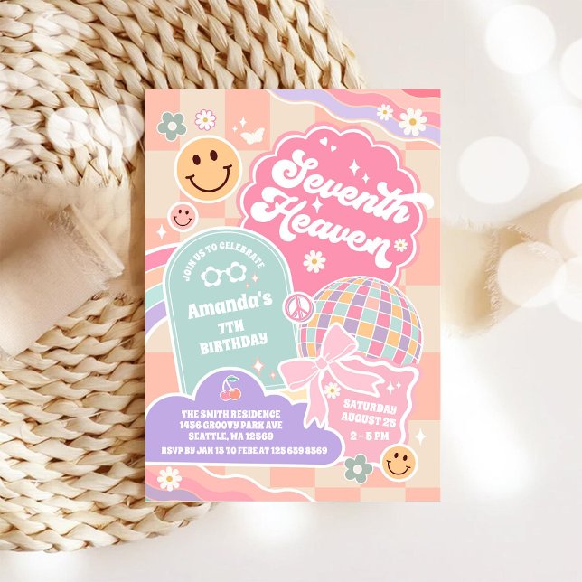 Invitation Seventh Heaven Cloud Rainbow Disco 7th Birthday  (Créateur téléchargé)
