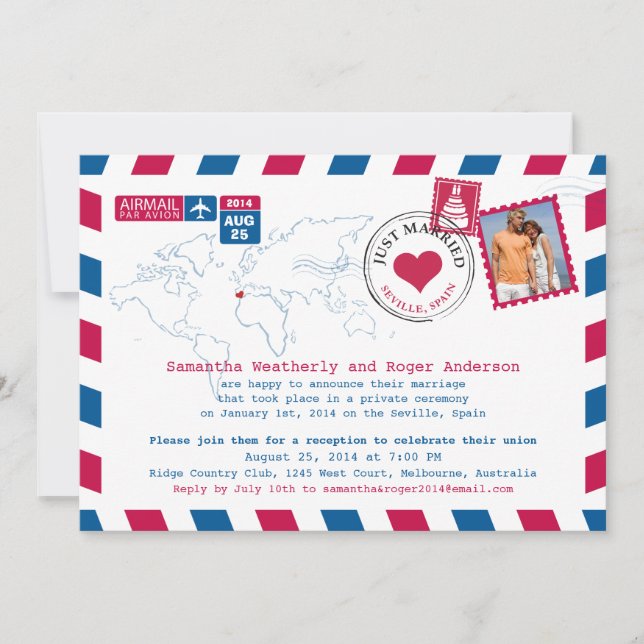 Invitation Séville, Espagne Par avion Réception de mariage ap (Devant)
