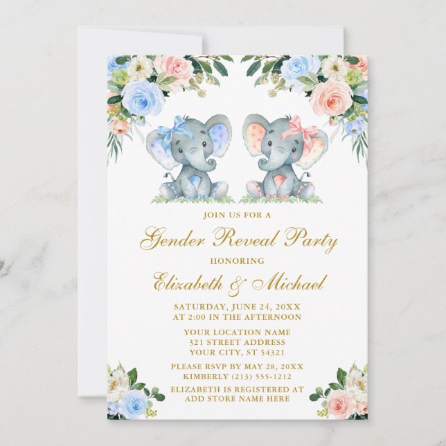 Invitation Sexe Révéler Baby Elephants Bleu Rose Floral Or (Devant)