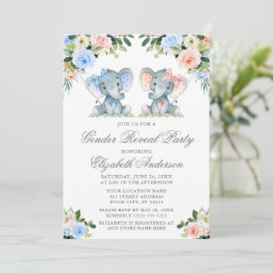 Invitation Sexe Révéler Baby Elephants Bows bleu rose Floral