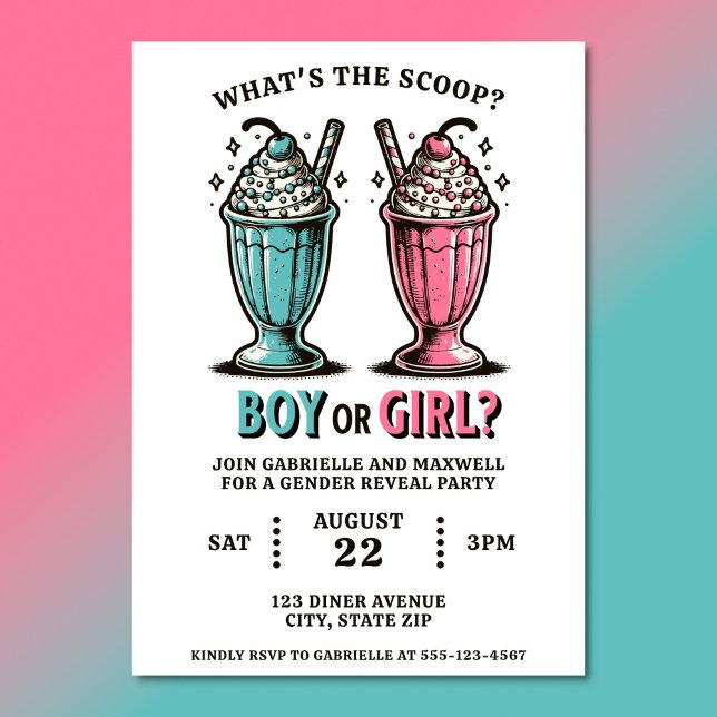 Invitation Sexe Révéler Crème Glace Milkshakes Rose Et Bleu (Gender reveal party invitations with 1950s inspired ice cream milkshakes)