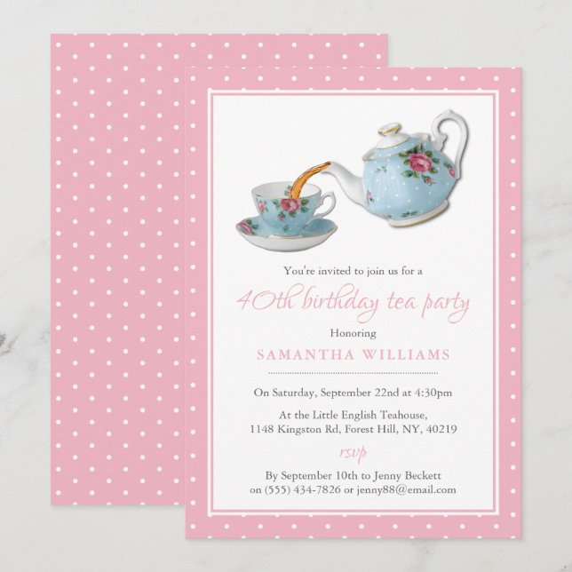 Invitation Shabby Chic Annithday Tea Party (Devant / Derrière)