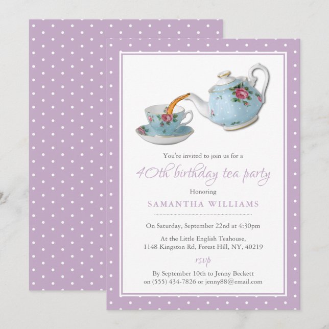 Invitation Shabby Chic Annithday Tea Party (Devant / Derrière)
