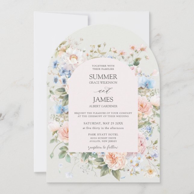 Invitation Shabby Chic Blush Bleu Blanc Floral Mariage (Devant)