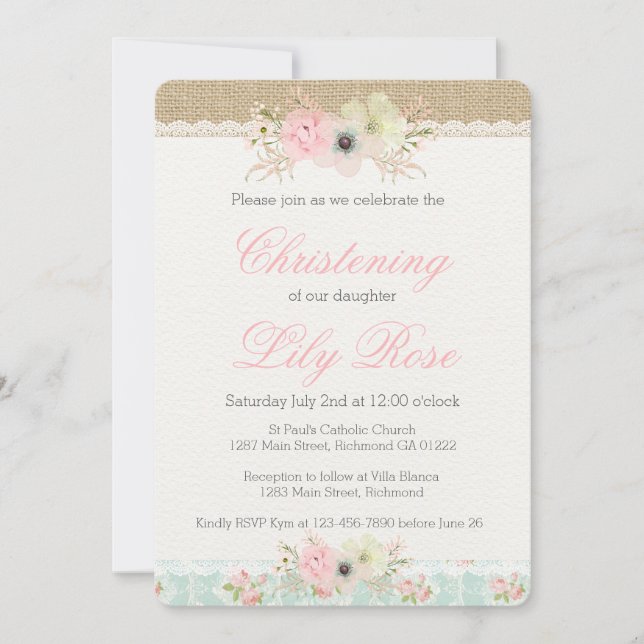 Invitation Shabby Chic Christening/Baptême (Devant)