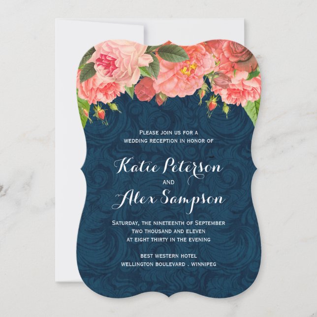 Invitation Shabby Chic Coral and Navy Réception uniquement In (Devant)