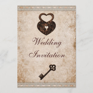 Invitation Shabby Chic Damask Hearts Lock et Mariage clé