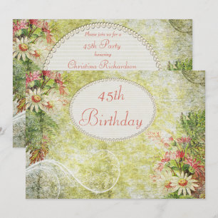 Invitation Shabby Chic Douce 45e Anniversaire & Fleurs Sauvag