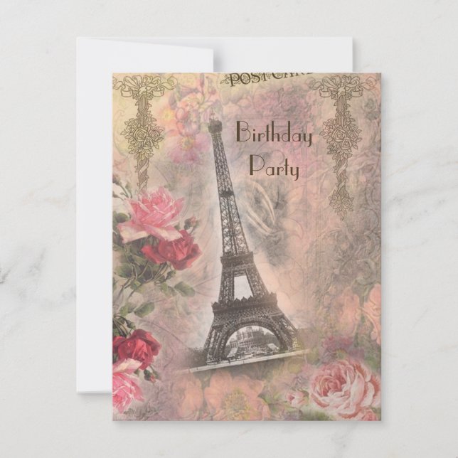 Invitation Shabby Chic Eiffel Tour & Roses Anniversaire (Devant)