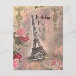 Invitation Shabby Chic Eiffel Tour & Roses Anniversaire