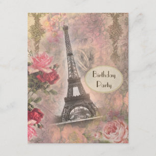 Invitation Shabby Chic Eiffel Tour & Roses Anniversaire