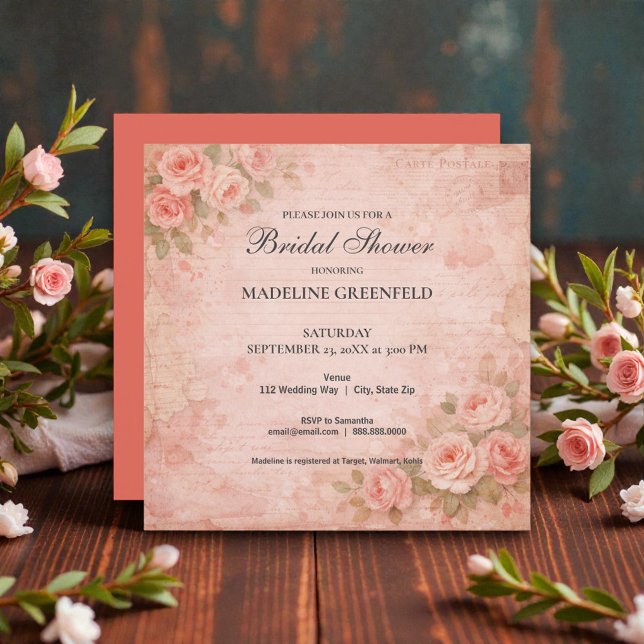 Invitation Shabby Chic Fête de Mariage Florale Rose (Créateur téléchargé)