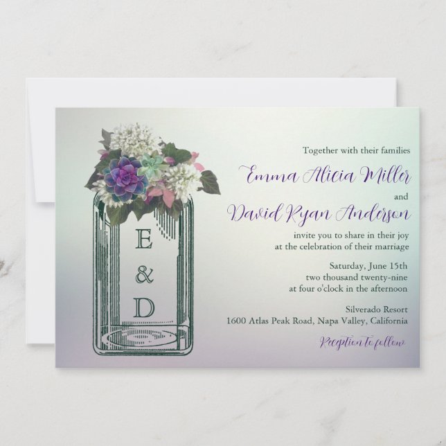 Invitation Shabby Chic Floral Ball Jar Monogramme Mariage (Devant)