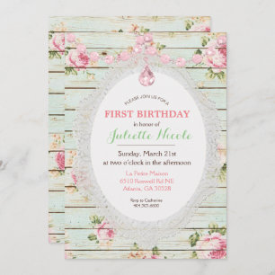 Invitation Shabby Chic Floral Bois Premier anniversaire Invit