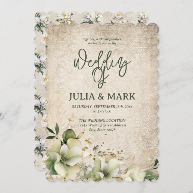 Invitation Shabby Chic Green And Beige Floral Wedding  (Devant / Derrière)