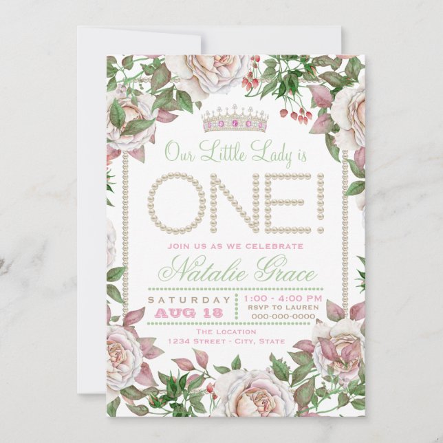 Invitation Shabby Chic Perle pour 1er Anniversaire (Devant)