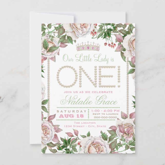 Invitation Shabby Chic Perle pour 1er Anniversaire (Devant)