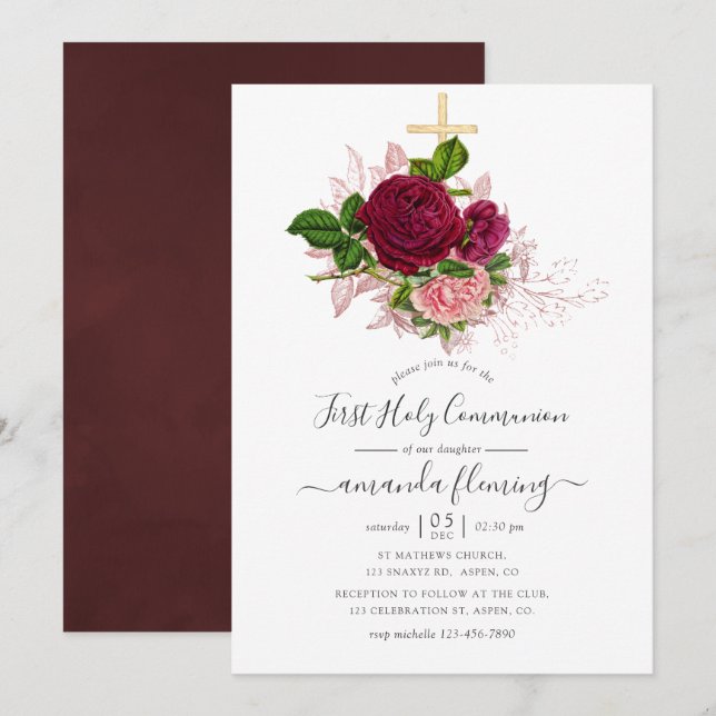 Invitation Shabby-Chic rose et burgundy pour la Sainte Commun (Devant / Derrière)