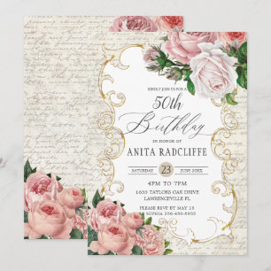 Invitation Shabby Chic Vintage Roses Françaises Anniversaire