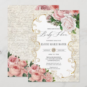 Invitation Shabby Chic Vintage Roses Françaises Baby Shower