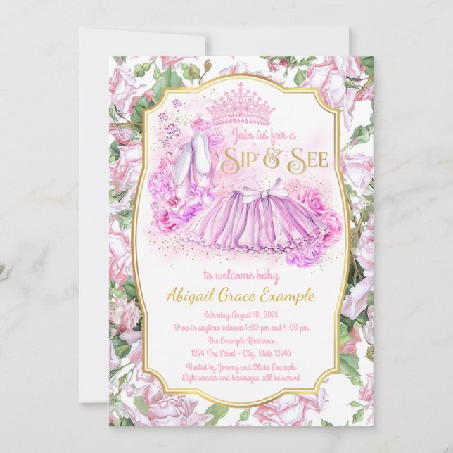 Invitation Shabby Rose Tutu Princess Sip et voir les invitati (Devant)