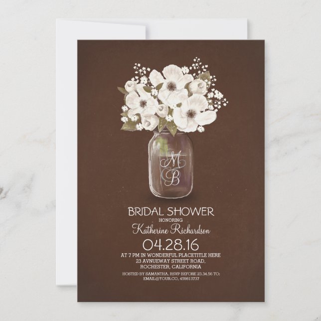 Invitation shabby rustique floral mason jar nuptiale douche (Devant)