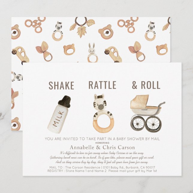 Invitation Shake Rattle & Roll Boho Baby shower par courrier (Devant / Derrière)