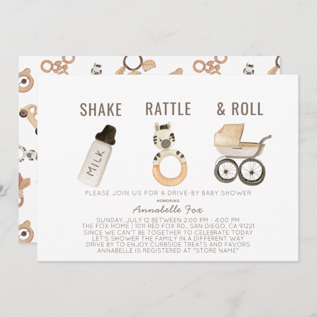Invitation Shake Rattle & Roll Boho Drive-by Baby shower (Devant / Derrière)