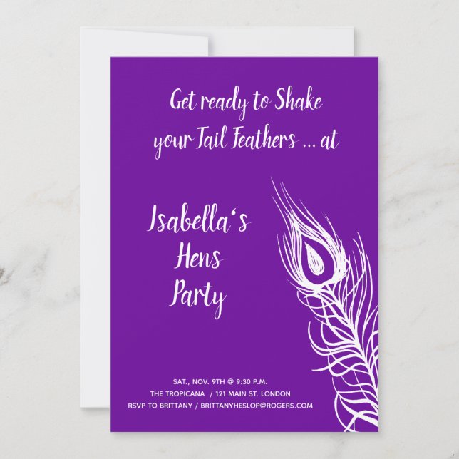 Invitation Shake your Tail Feathers Hens Party (violet) (Devant)