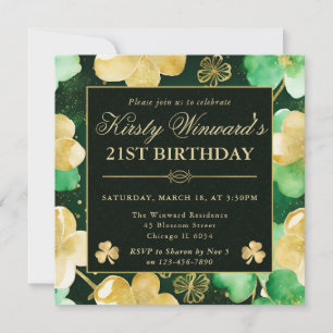 Invitation Shamrock 21e Anniversaire Aquarelle Vert et Or