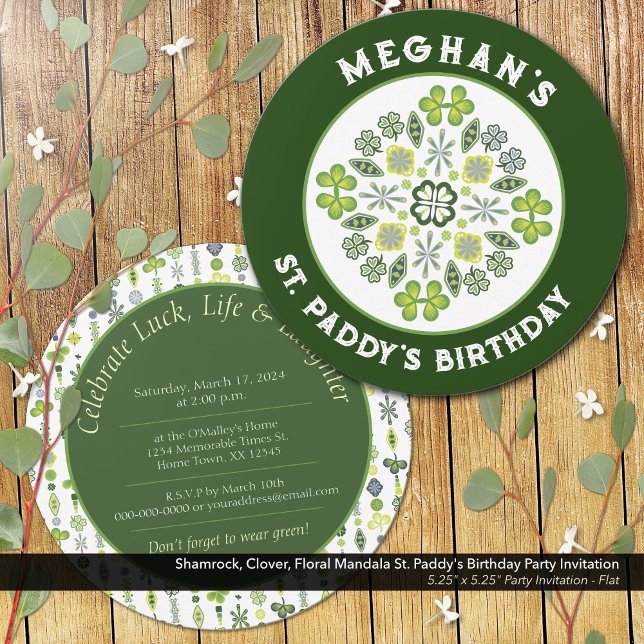 Invitation Shamrock Clover Mandala St. Paddy's Birthday Party (Shamrock, Clover, and Floral Lucky Mandala: St. Paddy's Birthday Party Invitation)