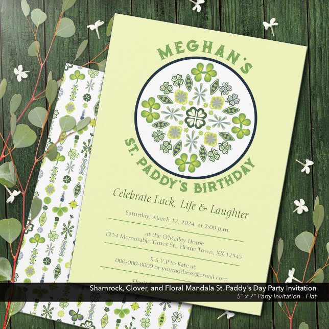 Invitation Shamrock Clover Mandala St. Paddy's Birthday Party (Shamrock, Clover, and Floral Lucky Mandala: St. Paddy's Birthday Party Invitation)