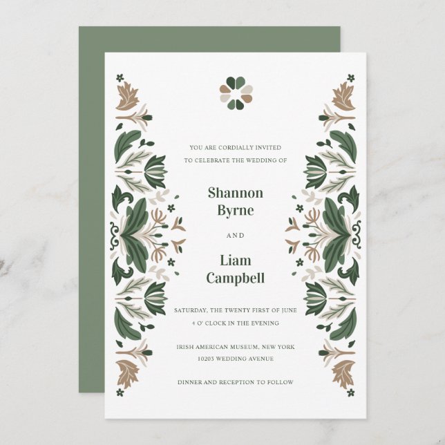 Invitation Shamrock d'art populaire irlandais Mariage celtiqu (Devant / Derrière)