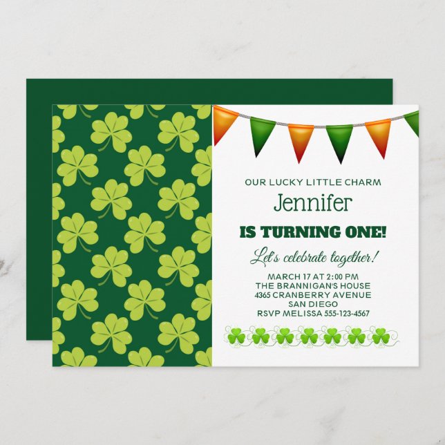 Invitation Shamrock de Clover Vert mignon Anniversaire Motif (Devant / Derrière)