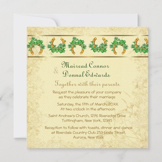 Invitation Shamrock et Mariage irlandais d'or (Devant)