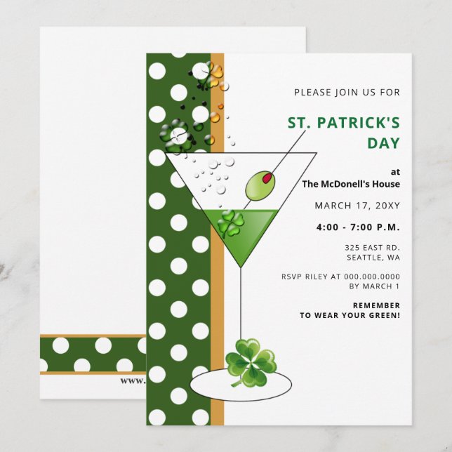 Invitation Shamrock martini Jour de la Saint Patrick (Devant / Derrière)
