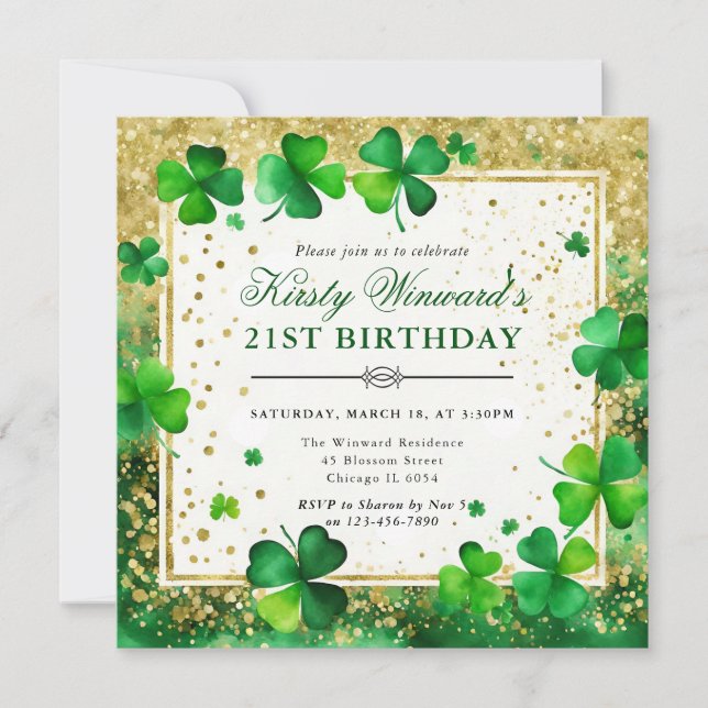 Invitation Shamrock Vert et Or Aquarelle 21e Anniversaire (Devant)