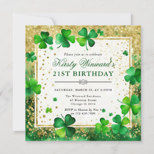 Invitation Shamrock Vert et Or Aquarelle 21e Anniversaire