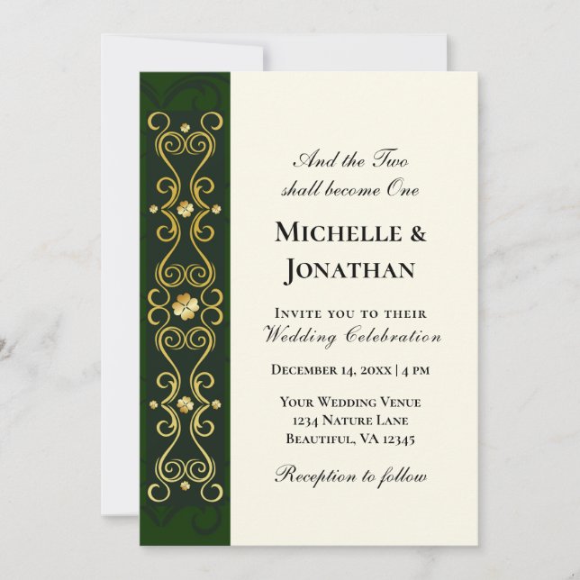 Invitation Shamrocks d'or irlandais sur Mariage chrétien vert (Devant)