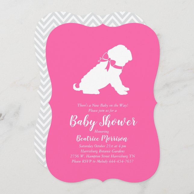 Invitation Shar-Pei Chien Baby shower fille rose (Devant / Derrière)