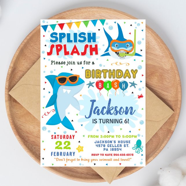 Invitation Shark Birthday Invite Splish Splash Birthday Bash (Créateur téléchargé)
