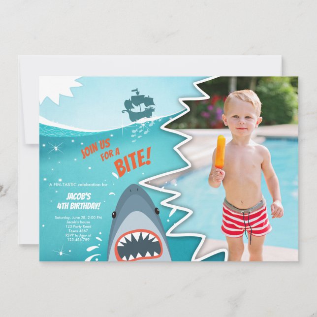 Invitation Shark Birthday Pool party garçon Shark Bite Bait B (Devant)