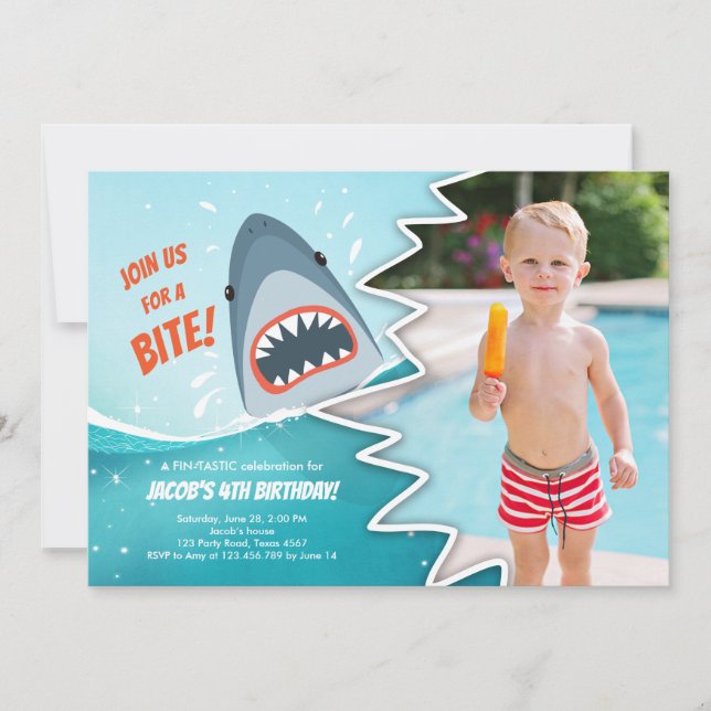 Invitation Shark Birthday Pool party garçon Shark Bite Bait B (Devant)