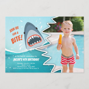 Invitation Shark Birthday Pool party garçon Shark Bite Bait B