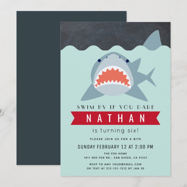 Invitation Shark Boy Navy Blue Pool Anniversaire (Devant / Derrière)