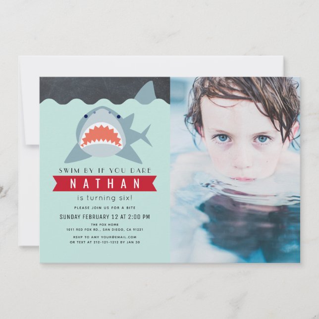 Invitation Shark Boy Navy Blue Pool Photo Anniversaire (Devant)